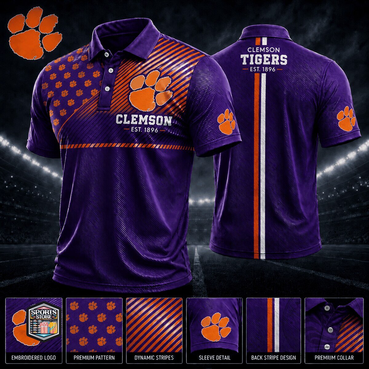 Clemson Tigers Polo Shirt Men's Purple Orange Striped Fan Apparel