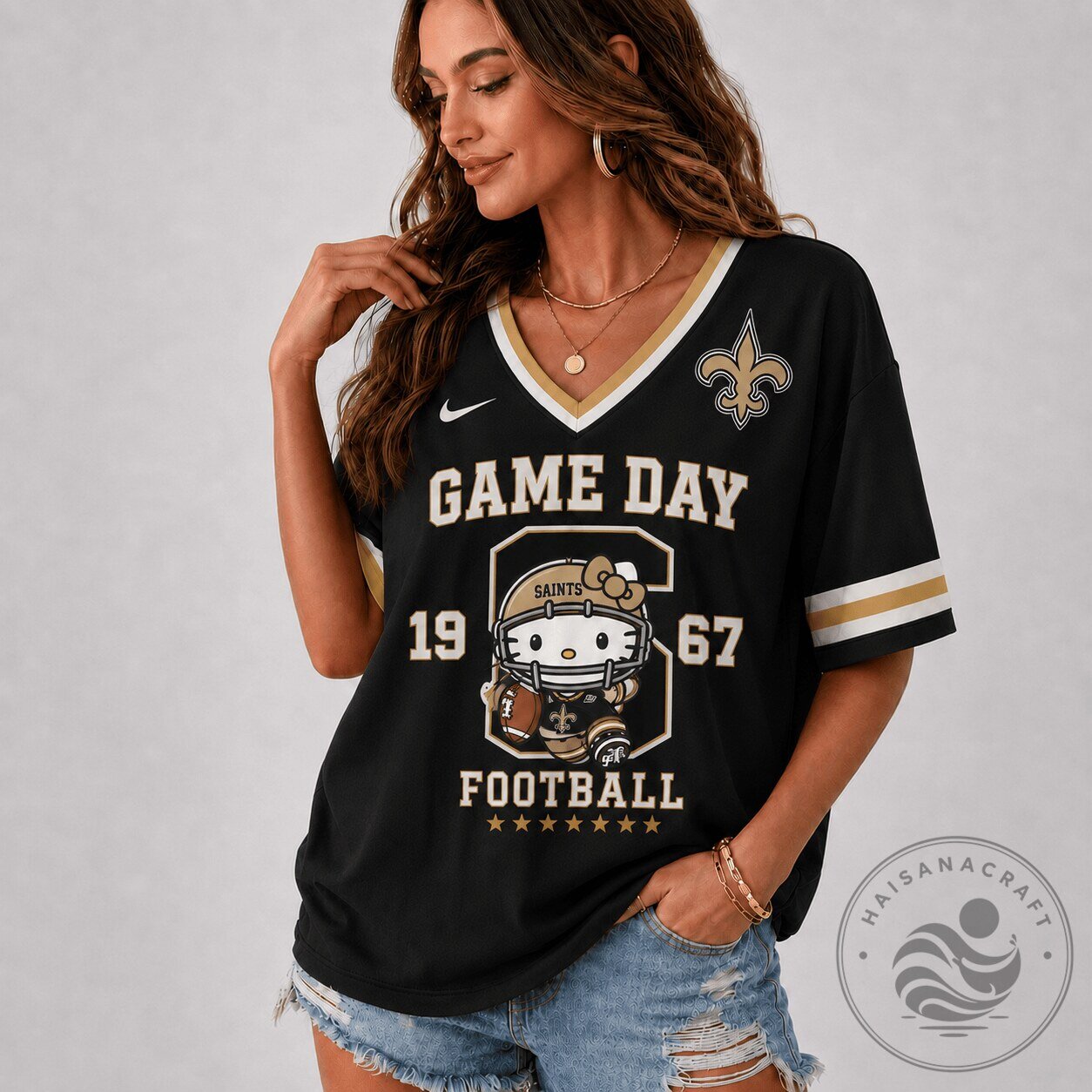 New Orleans Saints Hello Kitty Football Game Day V-Neck Jersey