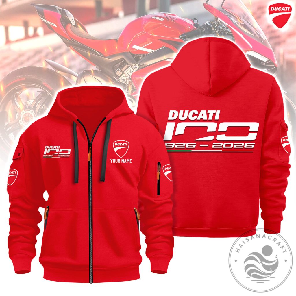 Ducati Motorcycle Racing Red Full-Zip Hoodie with Custom Name Ducati Motorcycle Racing Red Full-Zip Hoodie with Custom Name