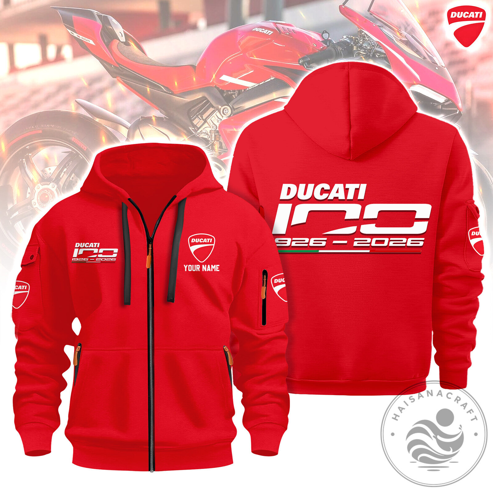 Ducati Motorcycle Racing Red Full-Zip Hoodie with Custom Name
