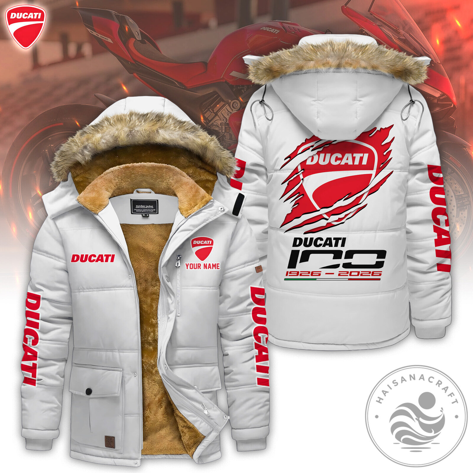 Ducati Motorcycle Racing Team White Winter Parka Jacket with Fur Hood