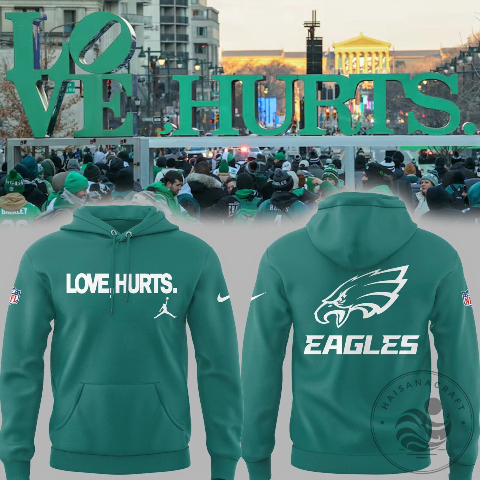 Green Hoodie with Philadelphia Eagles Love Hurts Design for Football Fans