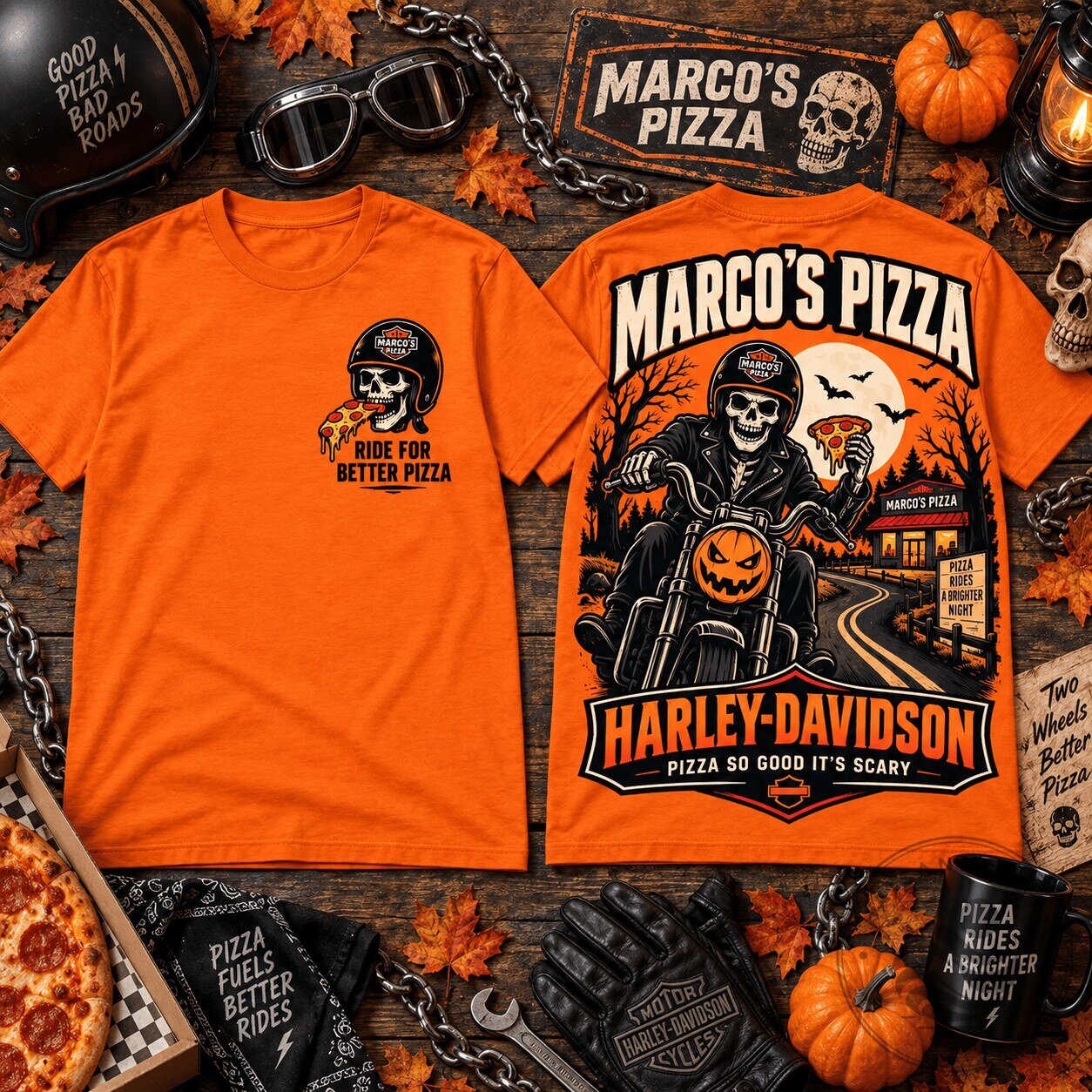 Harley Davidson Marco's Pizza Skeleton Biker Halloween Graphic T-Shirt