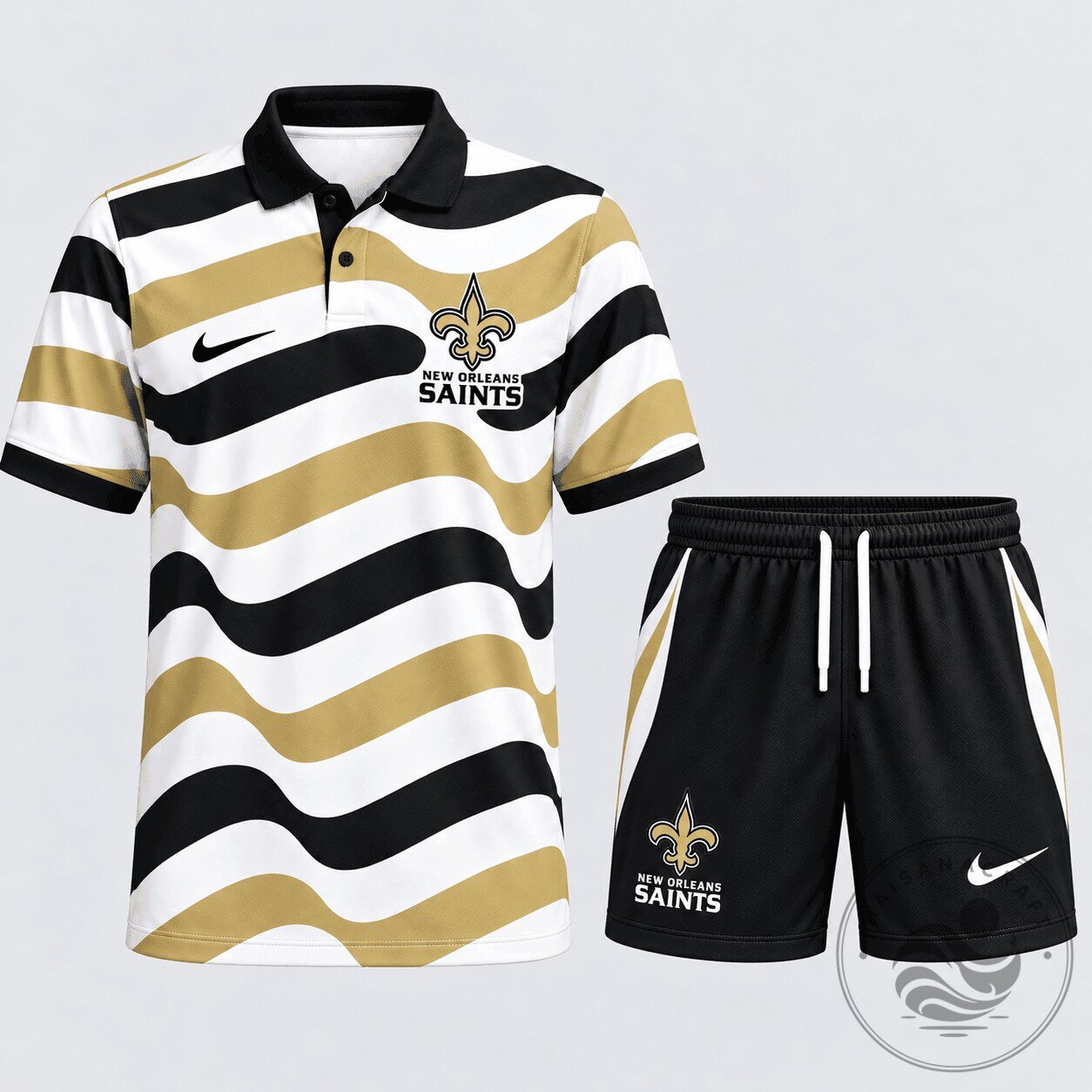 New Orleans Saints Black Gold White Wave Pattern Polo Shirt and Shorts Set