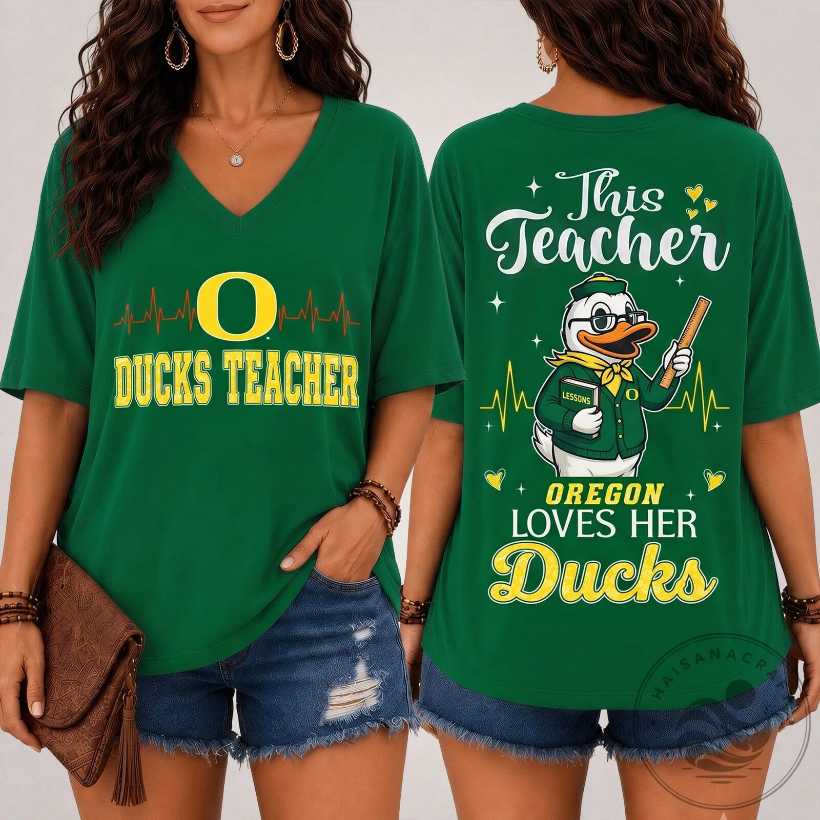 V-Neck T-Shirt Featuring Teacher Love for Football - Oregon Ducks Design