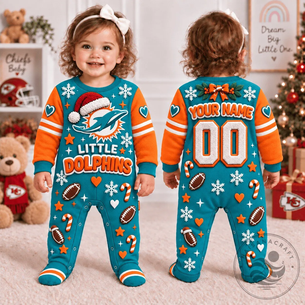Miami Dolphins NFL Christmas Personalized Baby Footed Romper