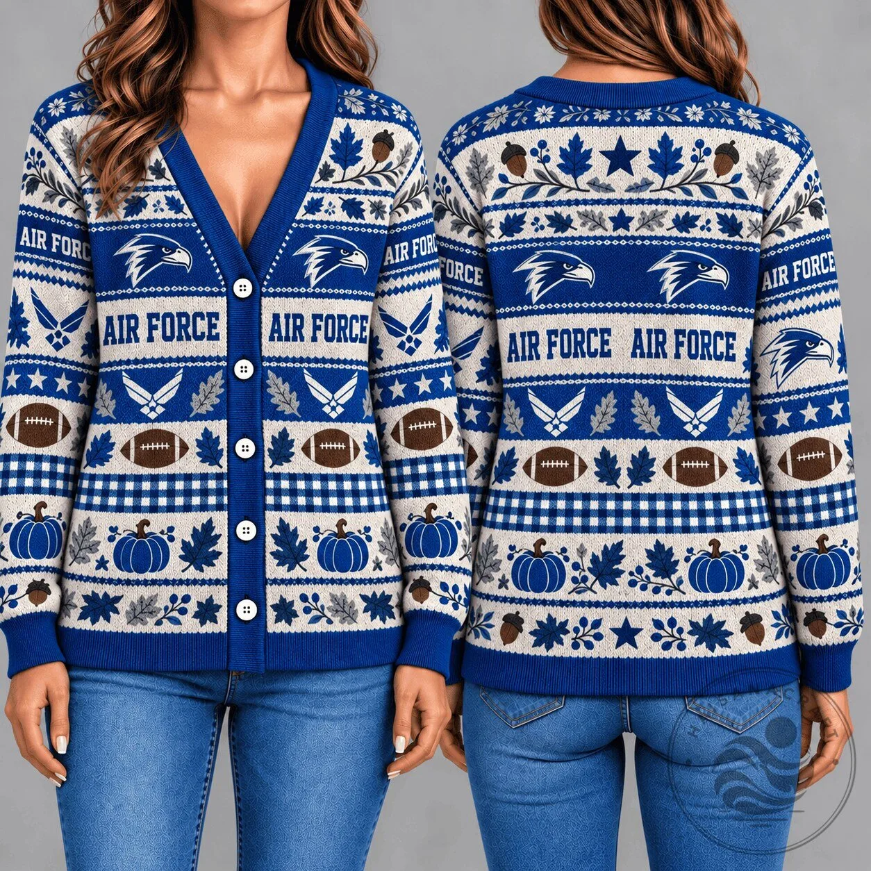 Air Force Falcons Knitted Cardigan Sweater with Autumn Leaves and Pumpkins