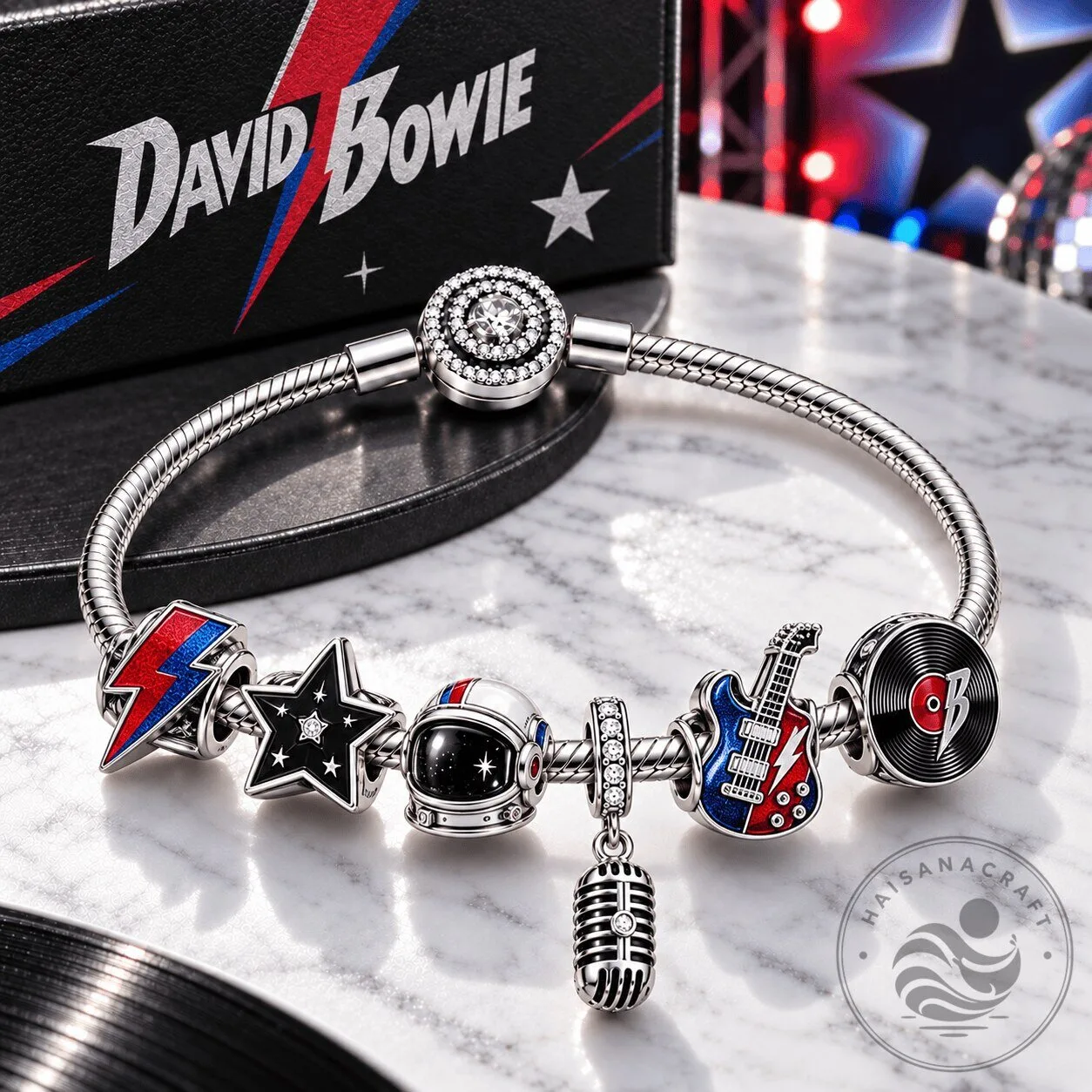 David Bowie Ziggy Stardust Charm Bracelet Set with Guitar and Record Charms