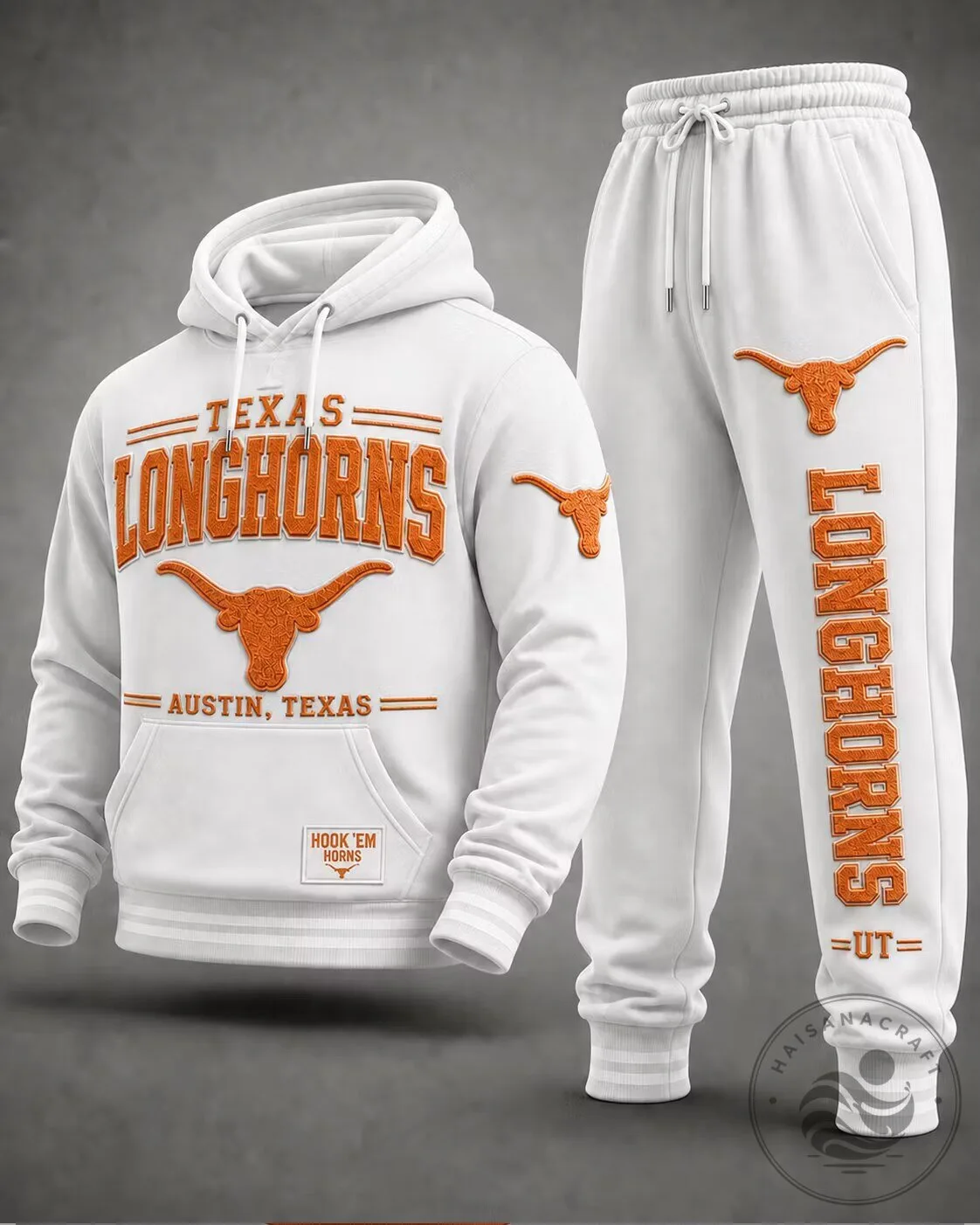 Texas Longhorns Austin University Football Team White Hoodie and Sweatpants Set
