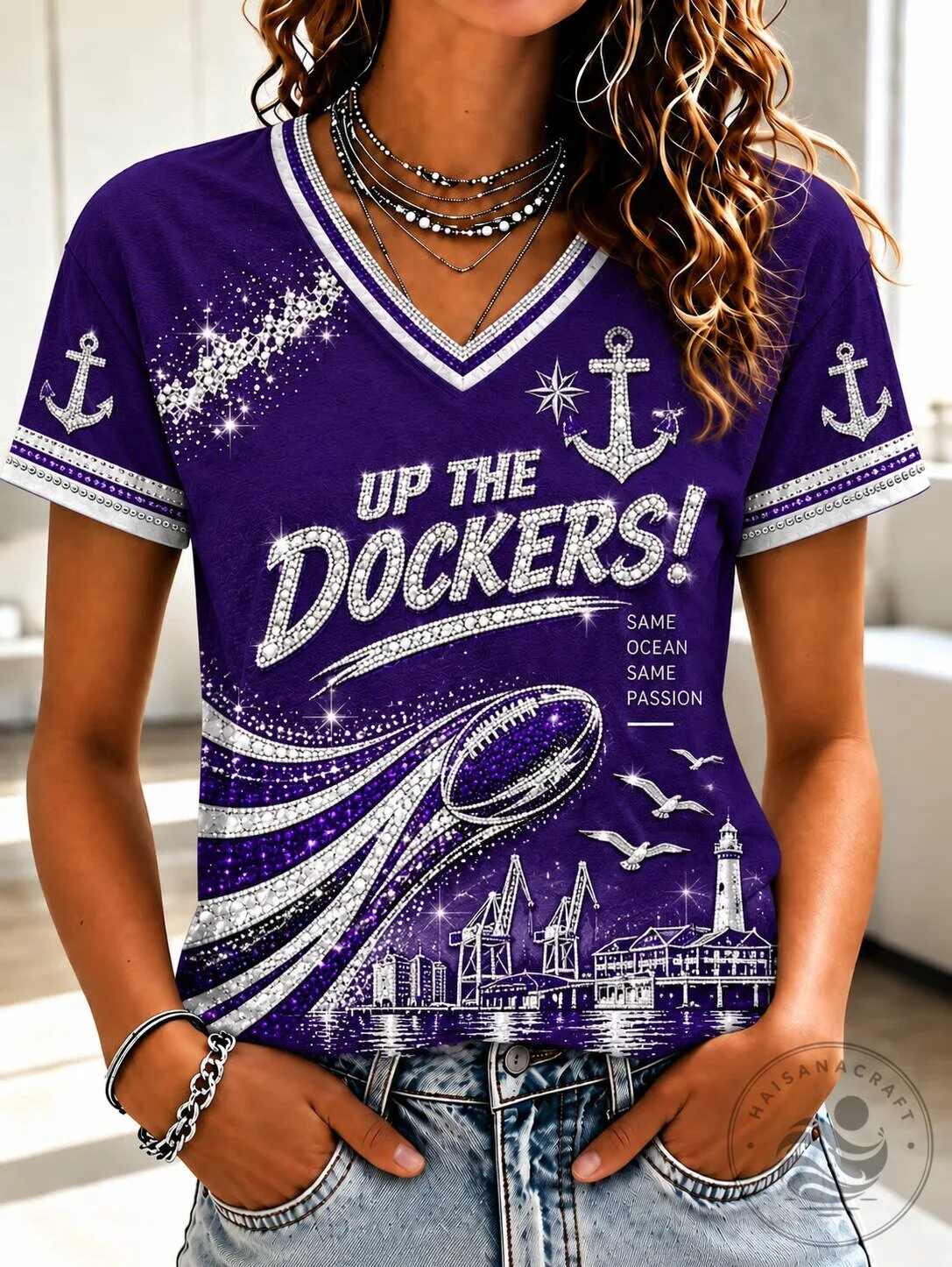 Fremantle Dockers Australian Football Club Fan Sparkle V-Neck T-Shirt