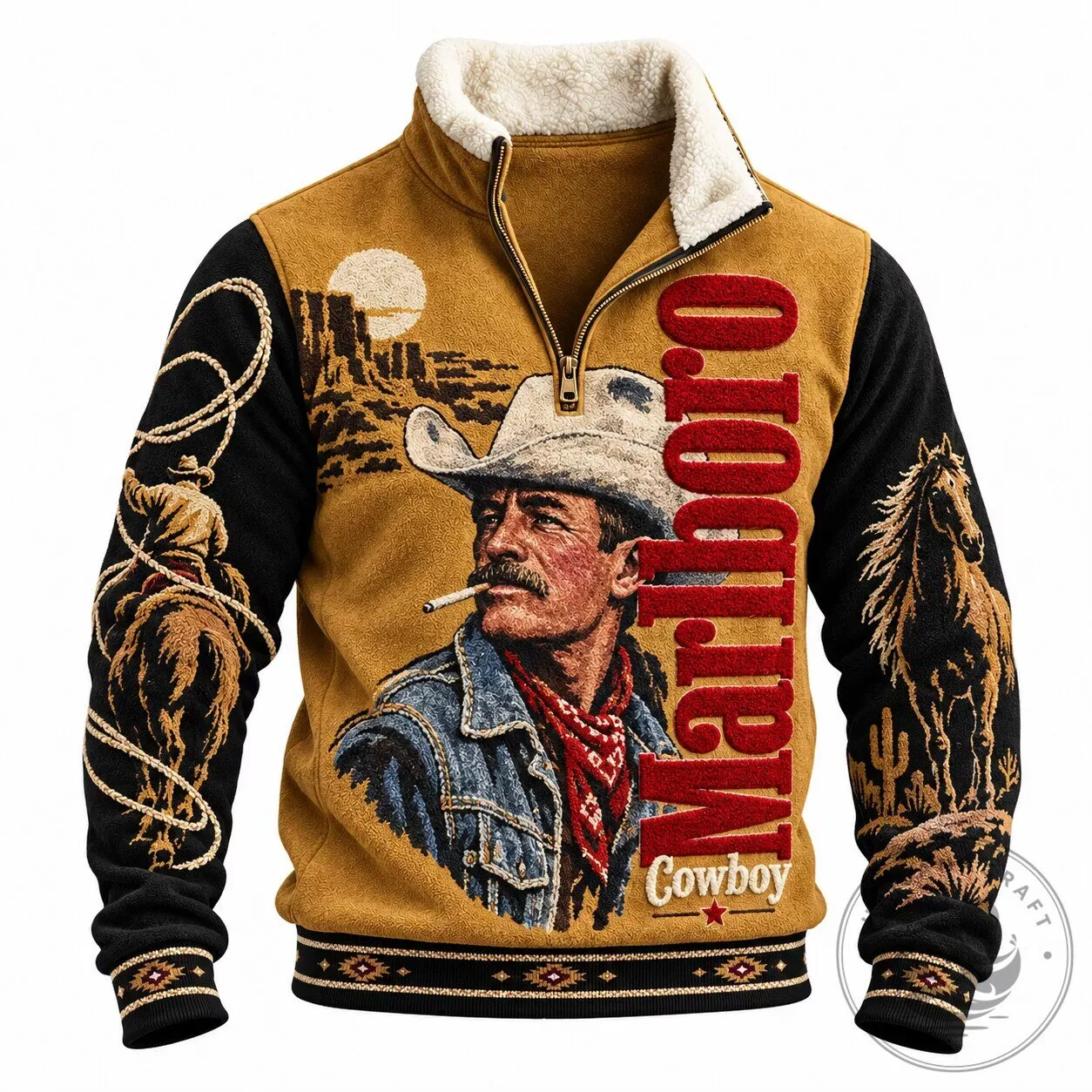 Marlboro Cowboy Western Style Half-Zip Fleece Lined Jacket