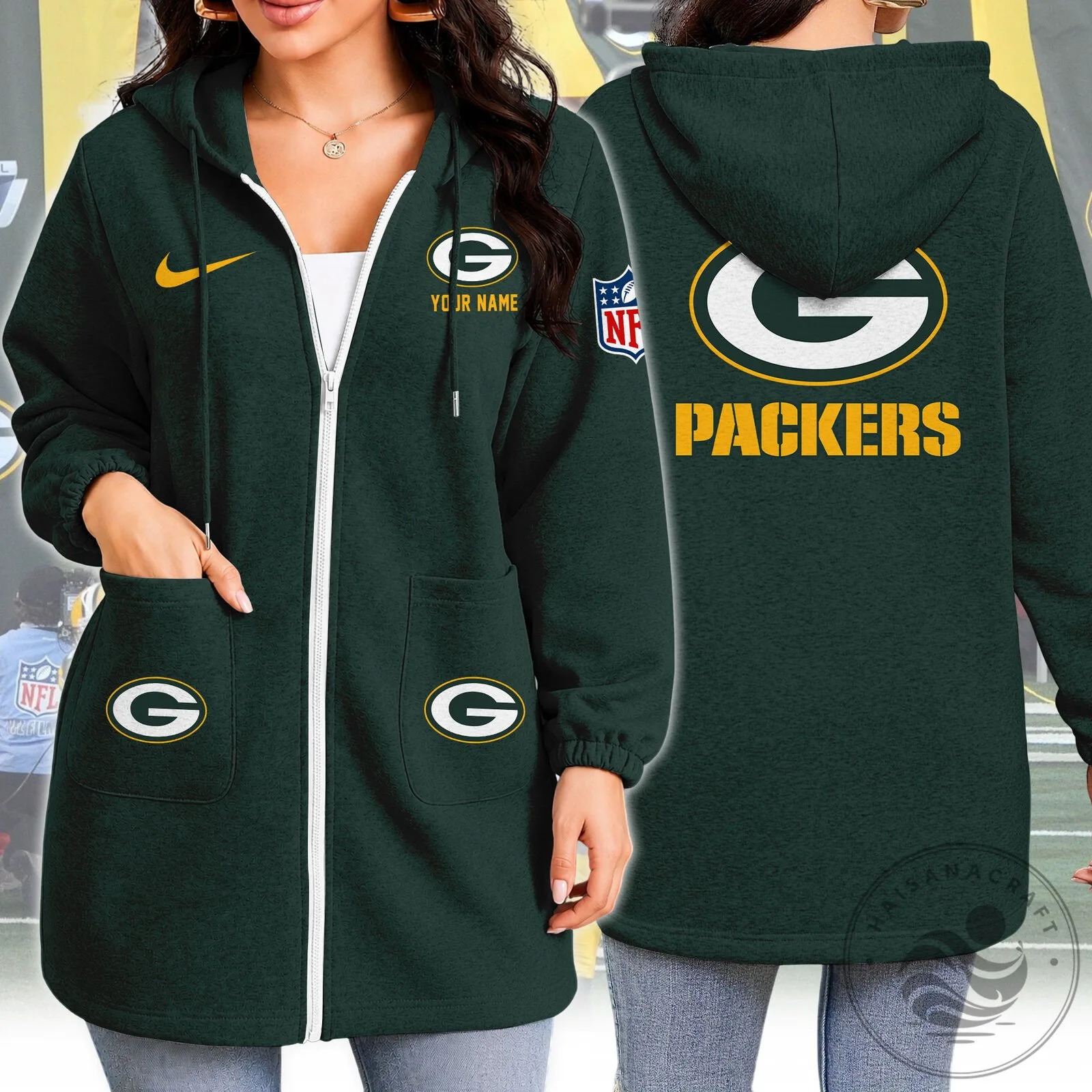 Green Bay Packers Full-Zip Hoodie Jacket with Pockets