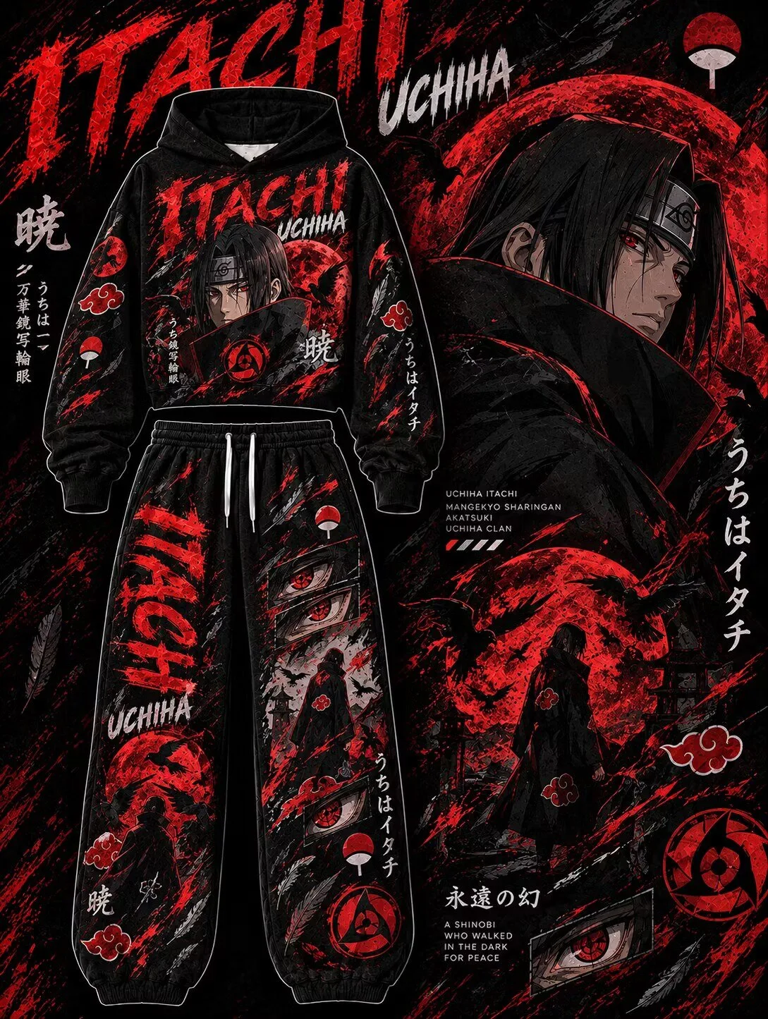 Naruto Shippuden Itachi Uchiha Akatsuki Clan Mangekyo Sharingan Hoodie and Pants Set