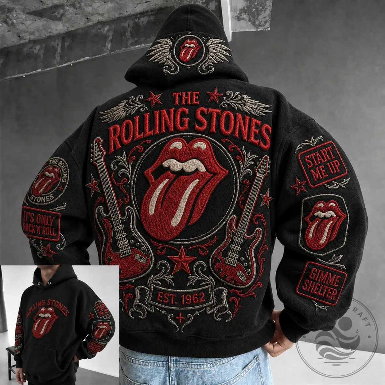 The Rolling Stones Embroidered Tongue Logo Black Drawstring Hoodie