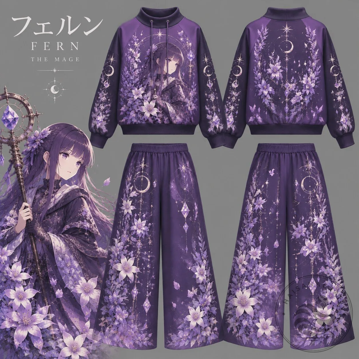 Frieren Beyond Journey's End Fern The Mage Anime Purple Floral Hoodie and Pants Set