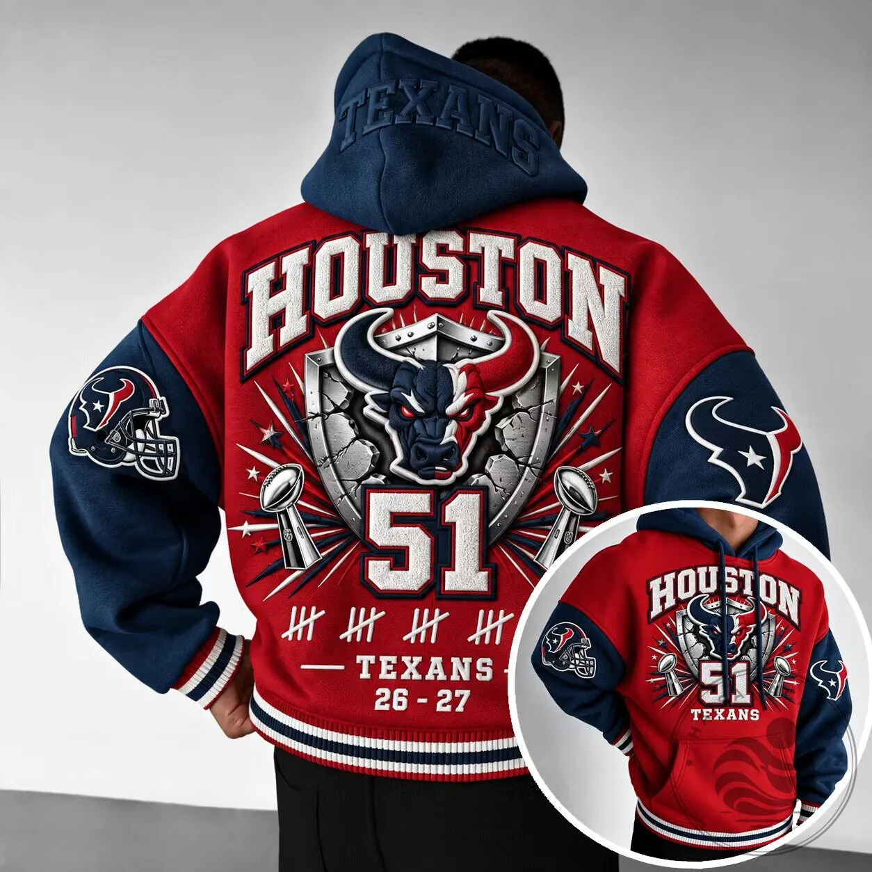 Houston Texans Varsity Style Rugby Hoodie with Bull Mascot and Number 51