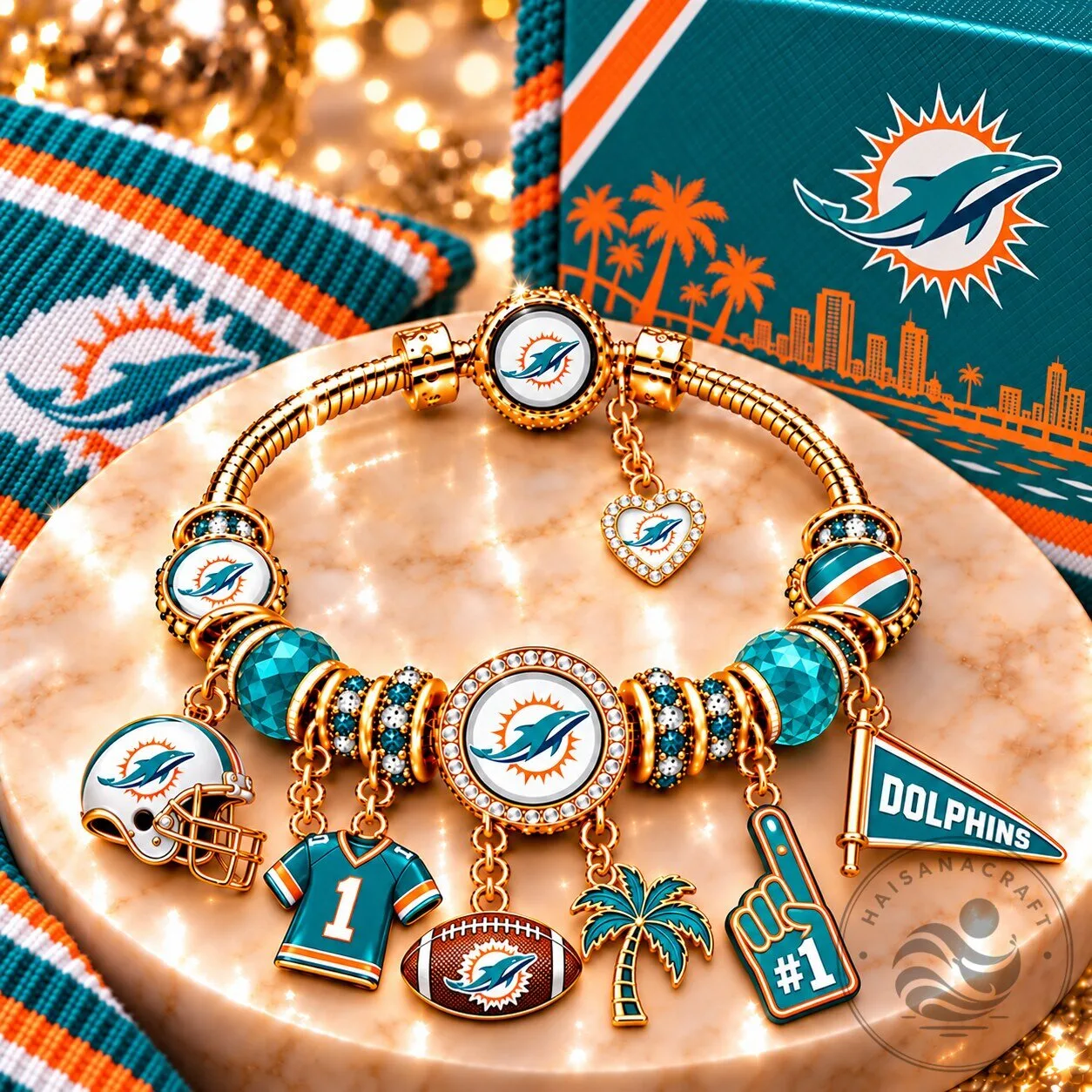 Miami Dolphins Football Team Charm Bracelet