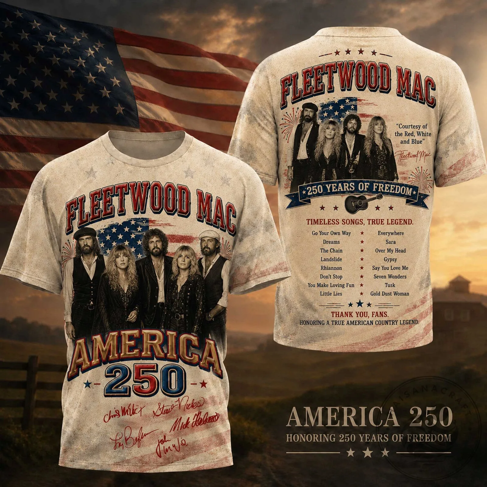 Fleetwood Mac American Flag Vintage Photo Graphic T-Shirt for Classic Rock Fans