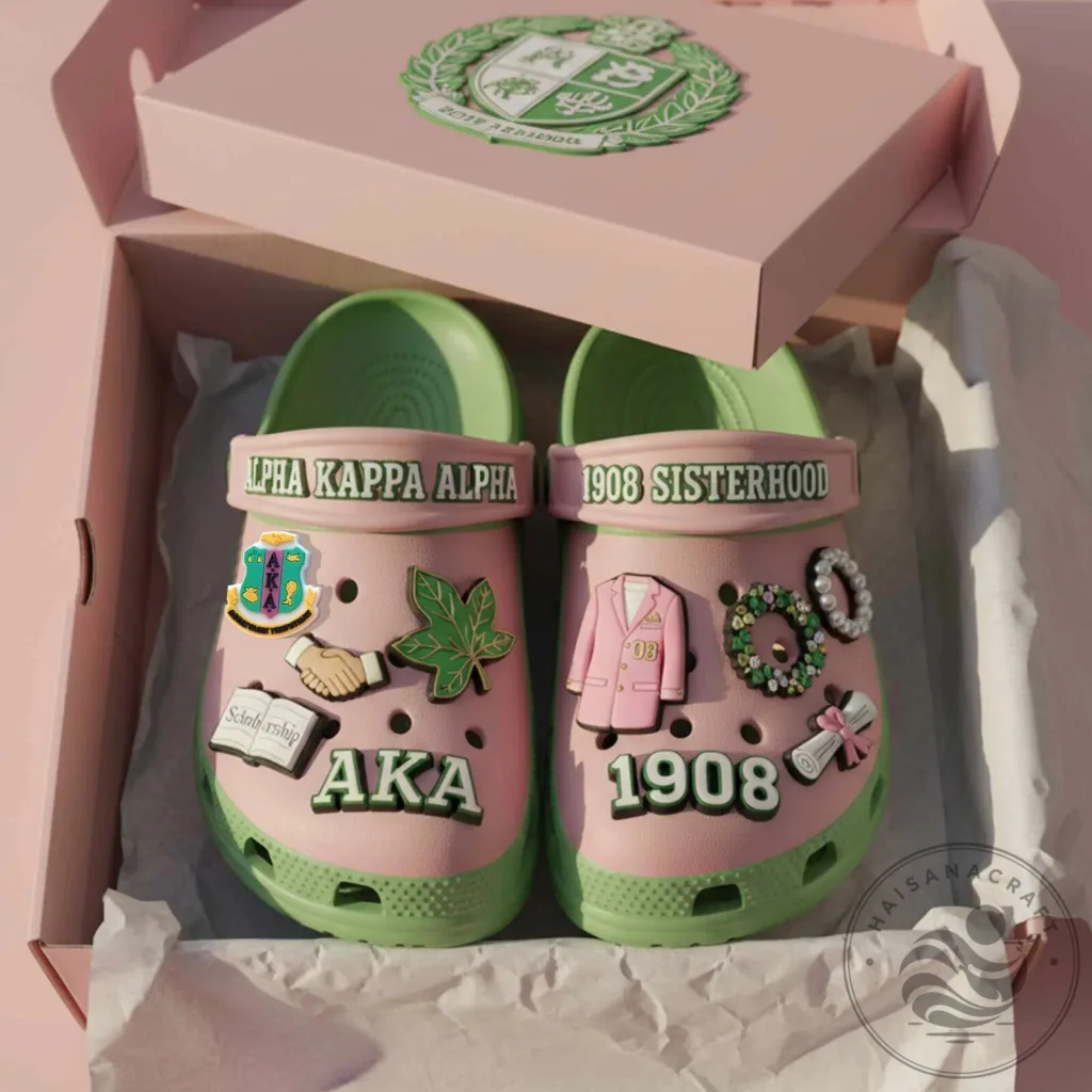 Alpha Kappa Alpha Sorority Pink and Green Clogs with Jibbitz Charms Alpha Kappa Alpha Sorority Pink and Green Clogs with Jibbitz Charms