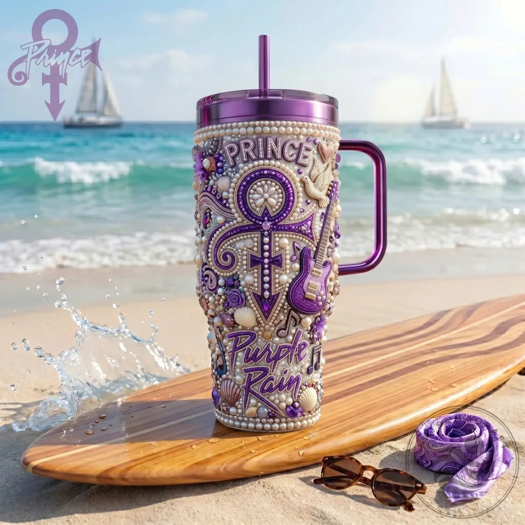 Prince Purple Rain Music Theme Insulated Tumbler with Handle