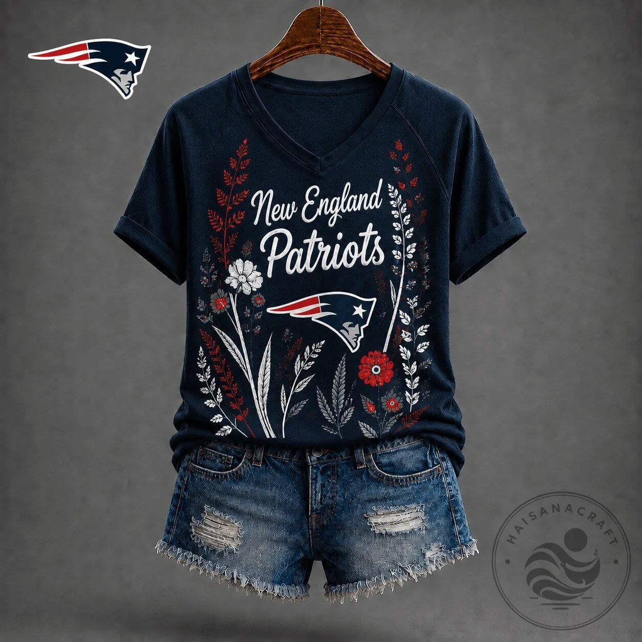 New England Patriots Floral Garden V-Neck Short Sleeve T-Shirt