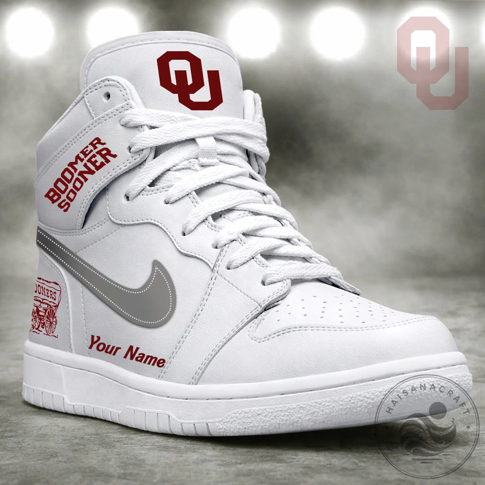 Oklahoma Sooners Boomer Sooner Custom Name White High Top Sneakers