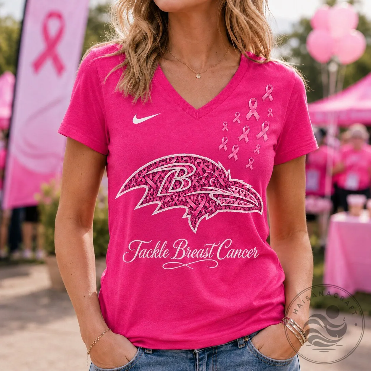 Baltimore Ravens Tackle Breast Cancer Awareness Pink Ribbon V-Neck T-Shirt