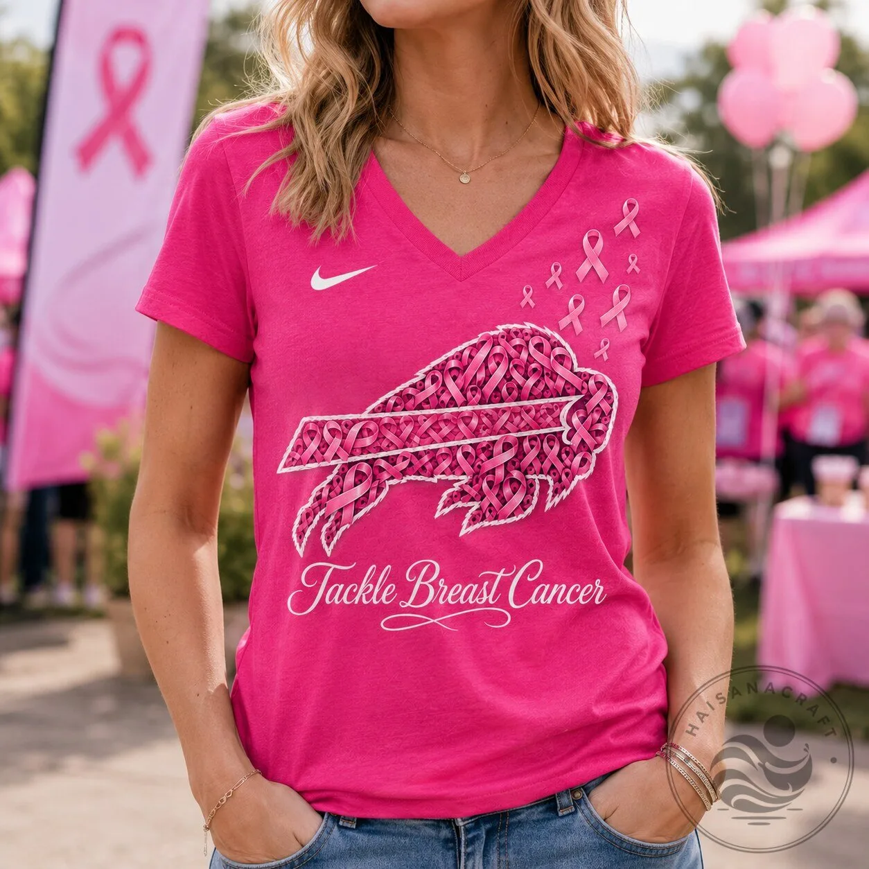 Buffalo Bills Tackle Breast Cancer Pink Ribbon V-Neck Short Sleeve T-Shirt