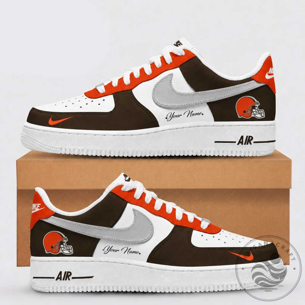 Custom Name Sneakers in White and Brown for Cleveland Browns Football Team Fans 1 Custom Name Sneakers in White and Brown for Cleveland Browns Football Team Fans