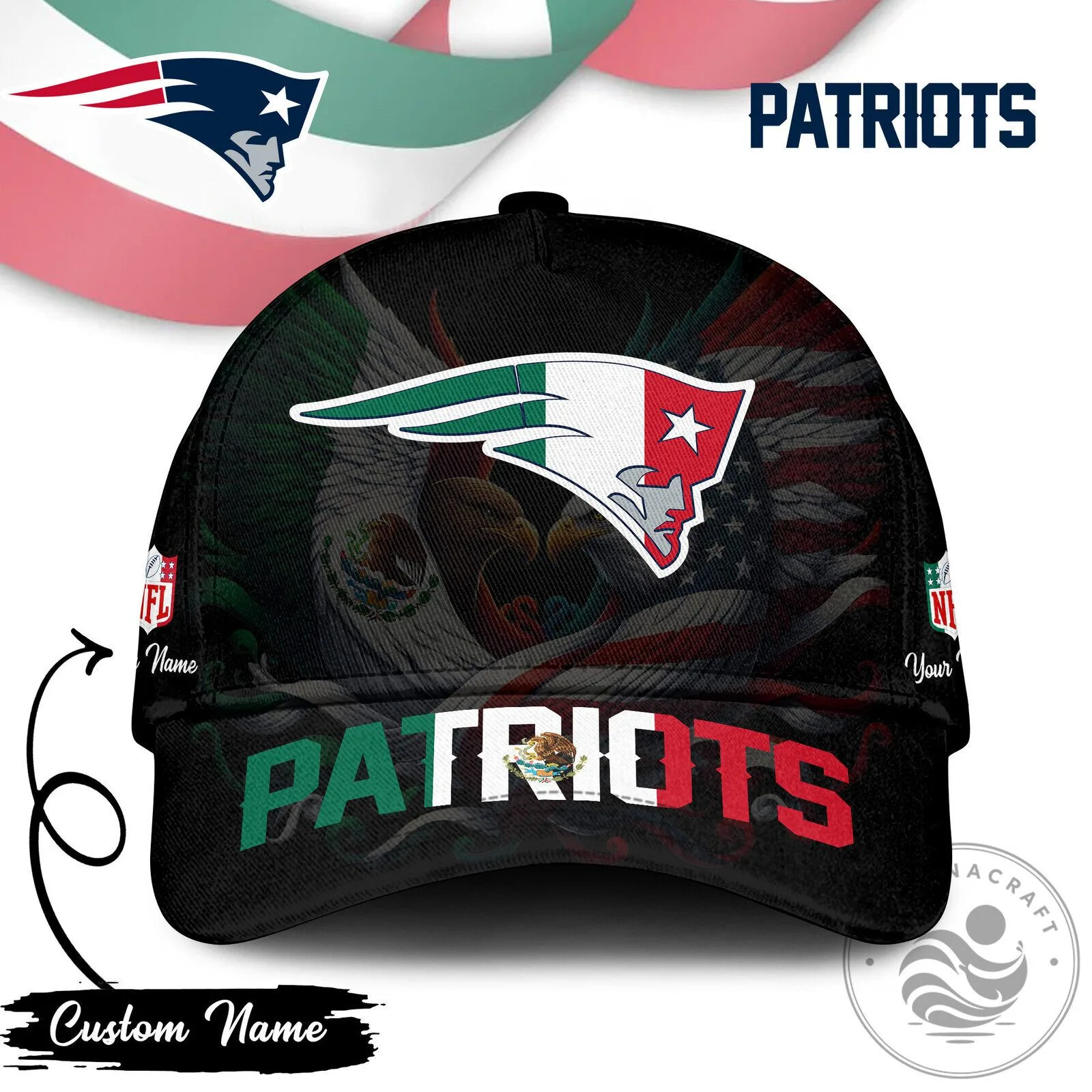 New England Patriots Mexican Flag Custom Name NFL Football Team Cap Hat