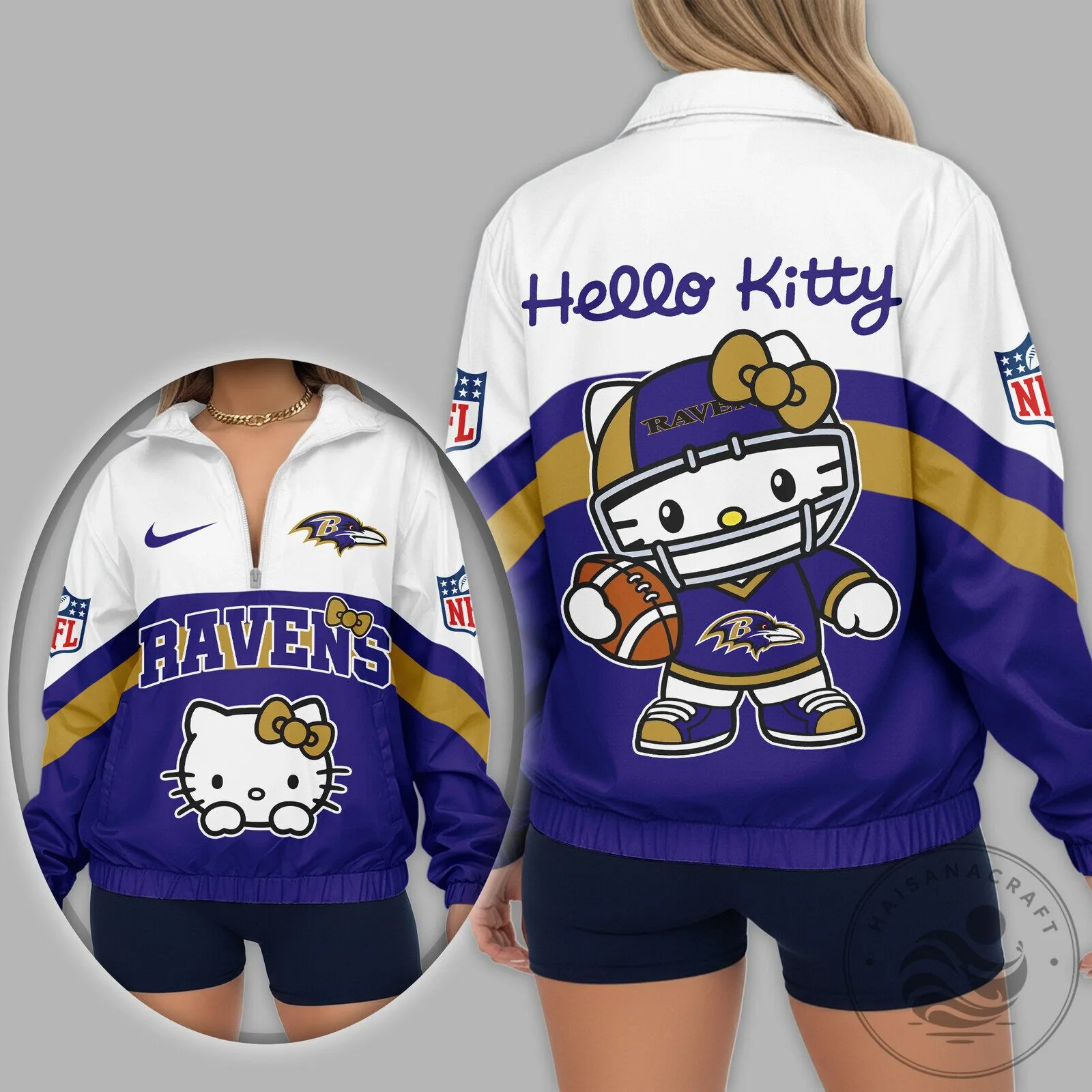 Baltimore Ravens Hello Kitty Football Quarter Zip Pullover Jacket