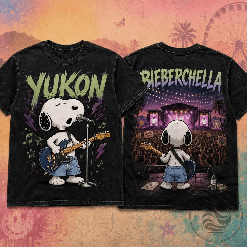 Justin Bieber Snoopy Bieberchella Concert T-Shirt for Pop Music Fans Justin Bieber Snoopy Bieberchella Concert T-Shirt for Pop Music Fans
