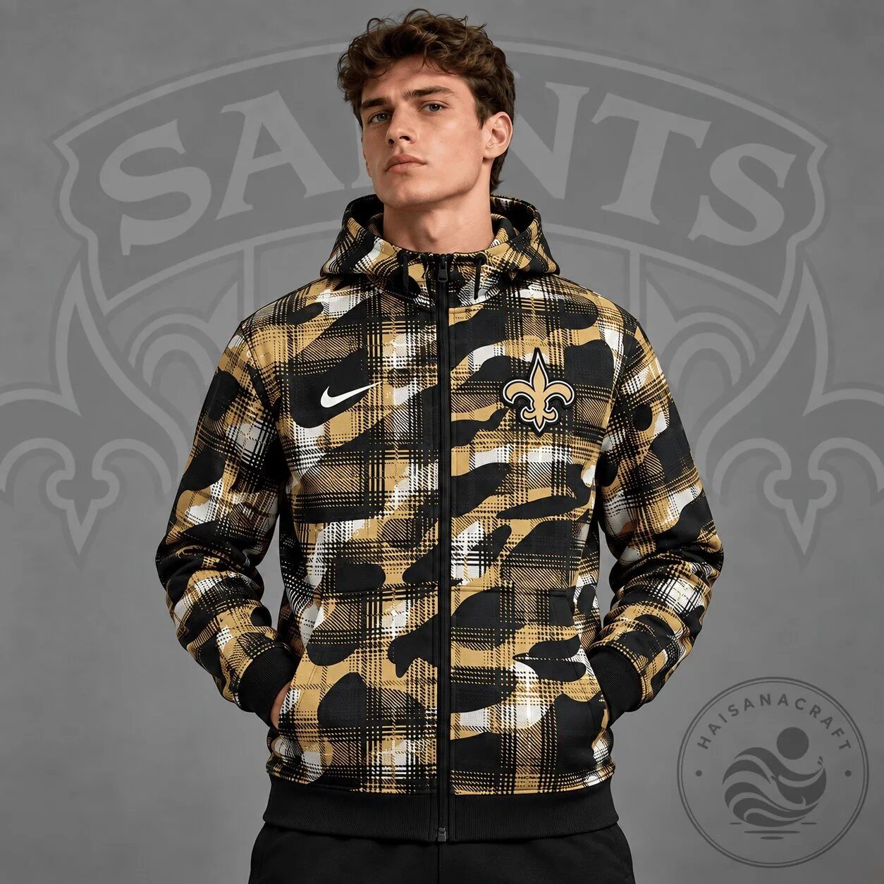 New Orleans Saints Plaid Camouflage Full Zip Hooded Jacket 1 New Orleans Saints Plaid Camouflage Full Zip Hooded Jacket