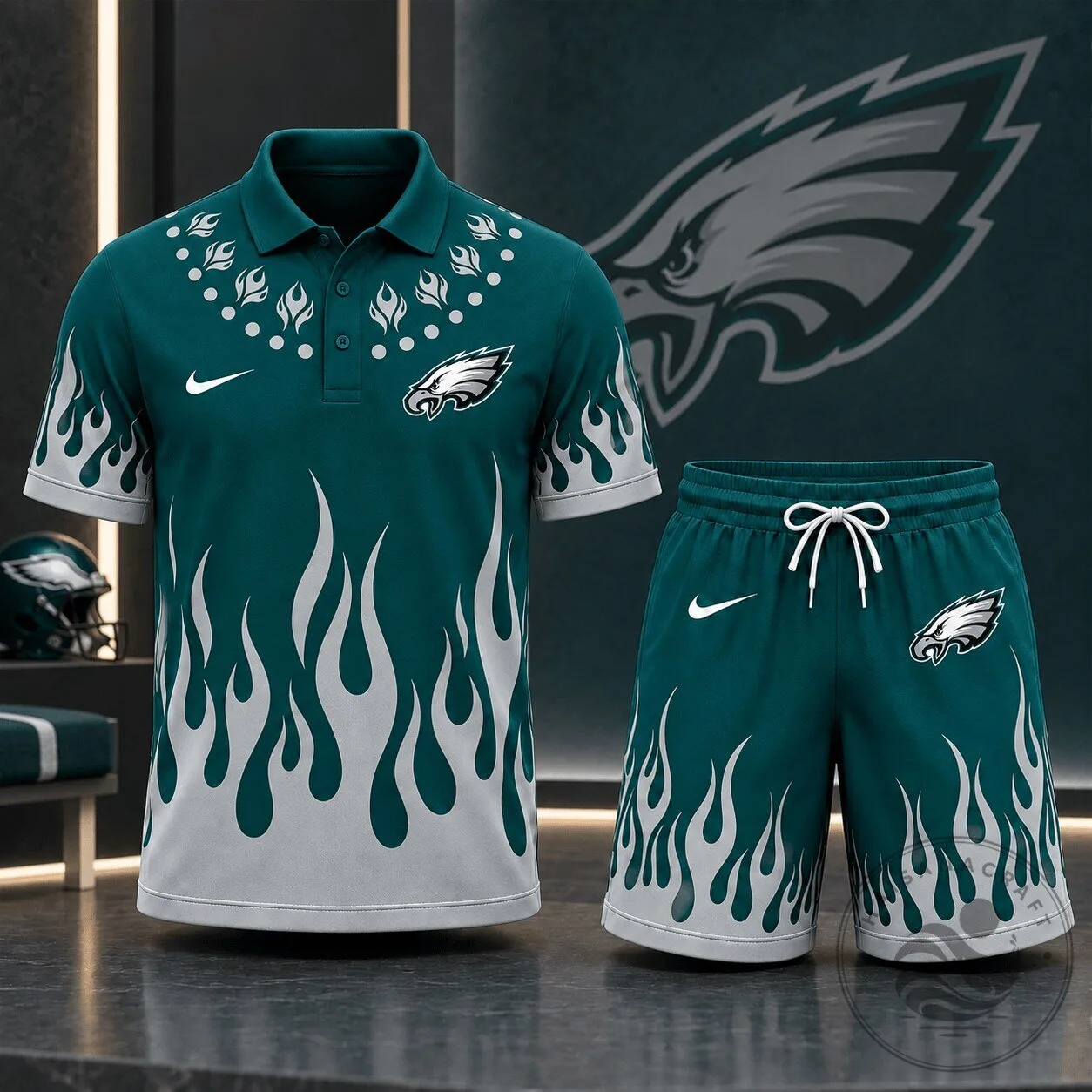 Philadelphia Eagles Flame Graphic Polo Shirt and Shorts Set