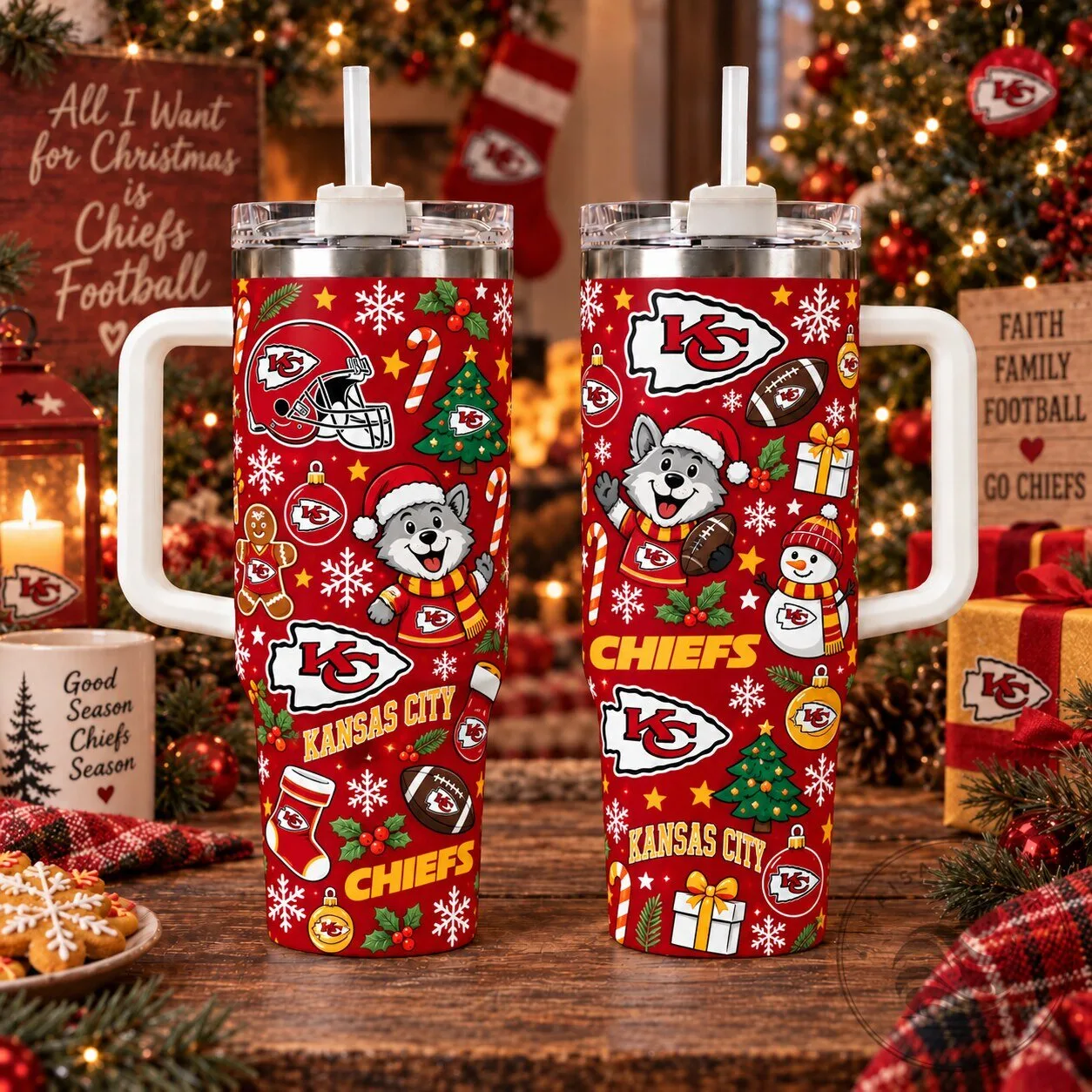 Kansas City Chiefs Christmas Football Fan Insulated Tumbler with Handle