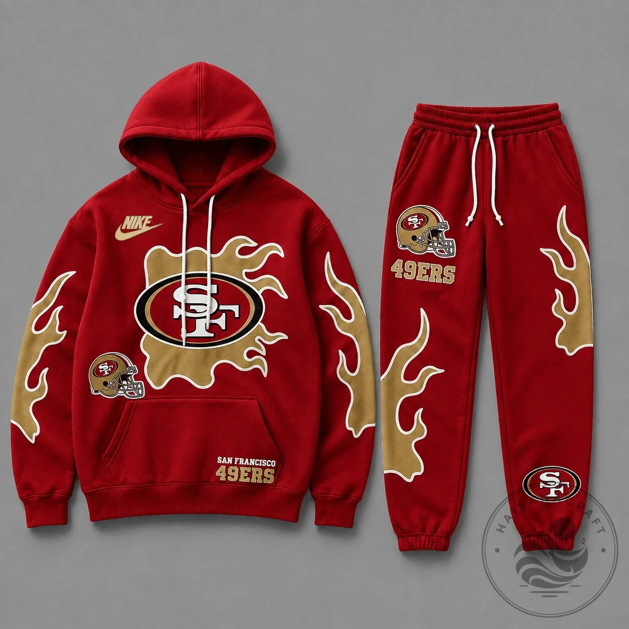 San Francisco 49ers Flame Strike Gold Logo Red Hoodie and Jogger Set