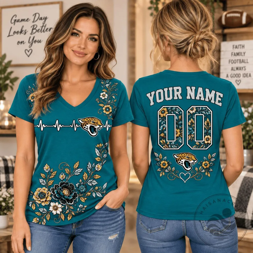 Jacksonville Jaguars Personalized Floral V-Neck T-Shirt for Women Jacksonville Jaguars Personalized Floral V-Neck T-Shirt for Women