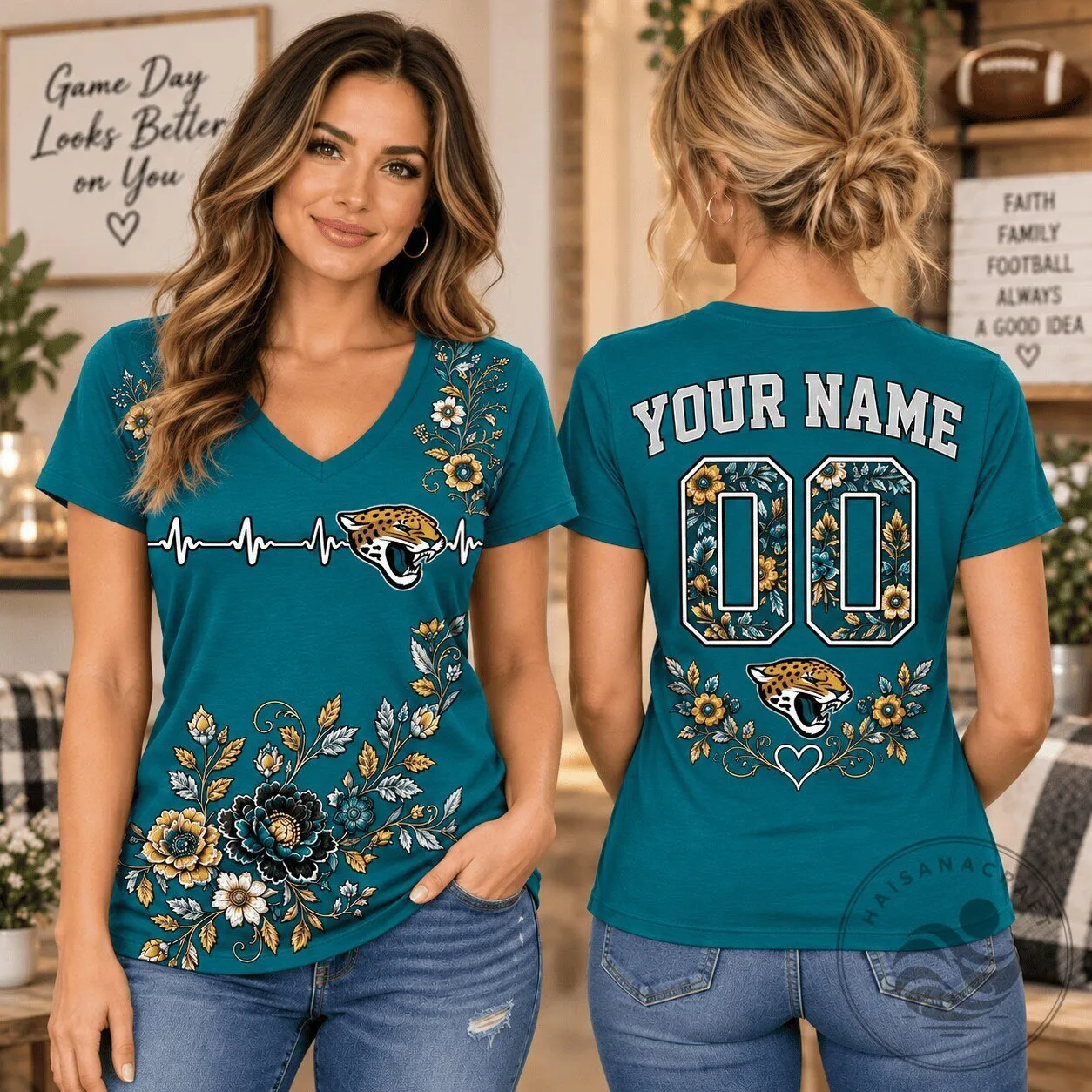 Jacksonville Jaguars Personalized Floral V-Neck T-Shirt for Women