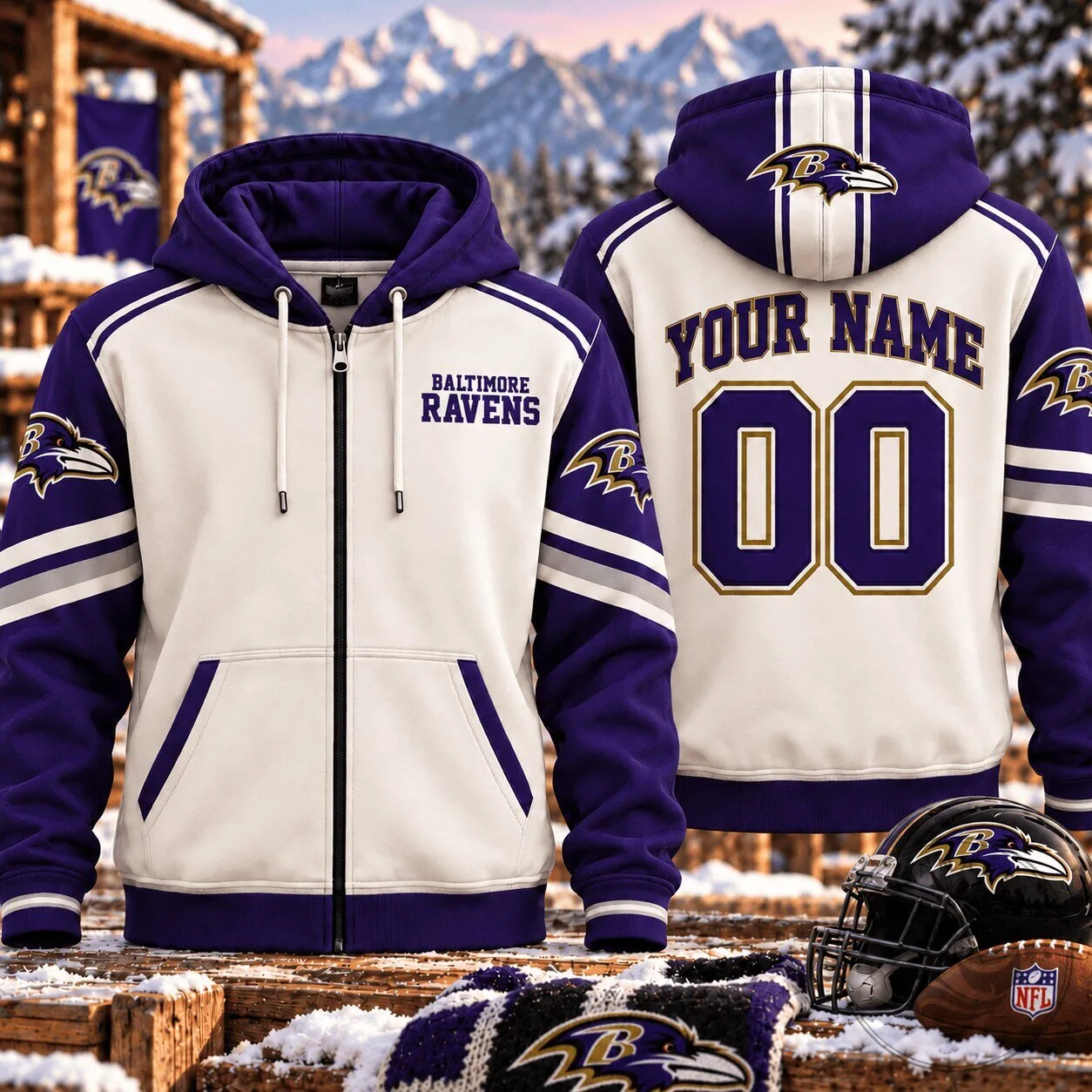 Baltimore Ravens NFL Football Team Custom Name And Number Full-Zip Hoodie