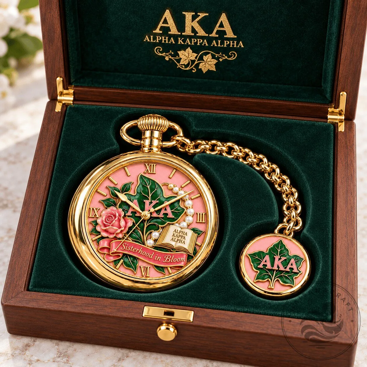 Alpha Kappa Alpha Sisterhood in Bloom Gold Tone Pocket Watch with Chain