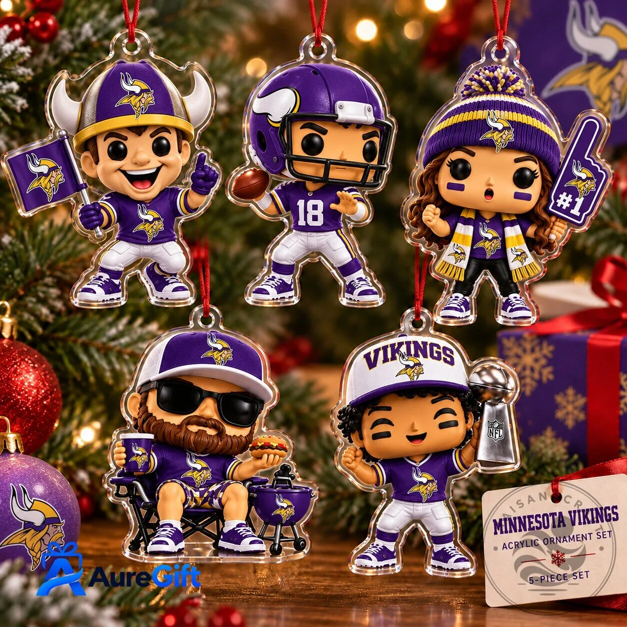 Minnesota Vikings NFL Christmas Kickoff Five Piece Acrylic Ornament Set