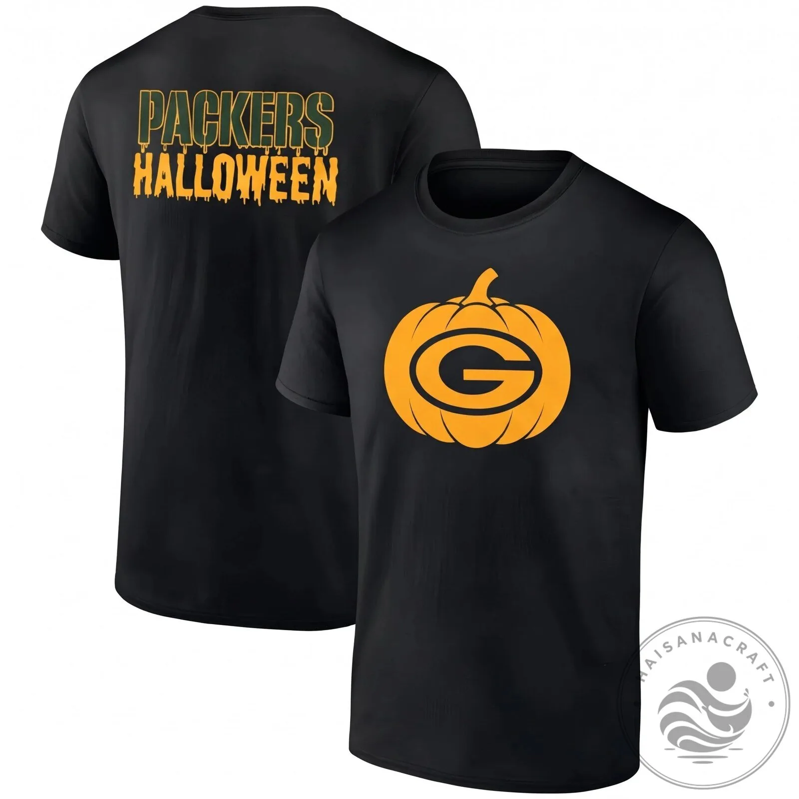 Green Bay Packers Halloween Pumpkin Logo Black Graphic T-Shirt