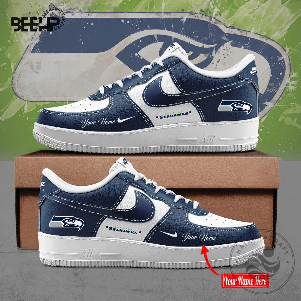 Seattle Seahawks White and Navy Blue Custom Name Air Force One Sneakers