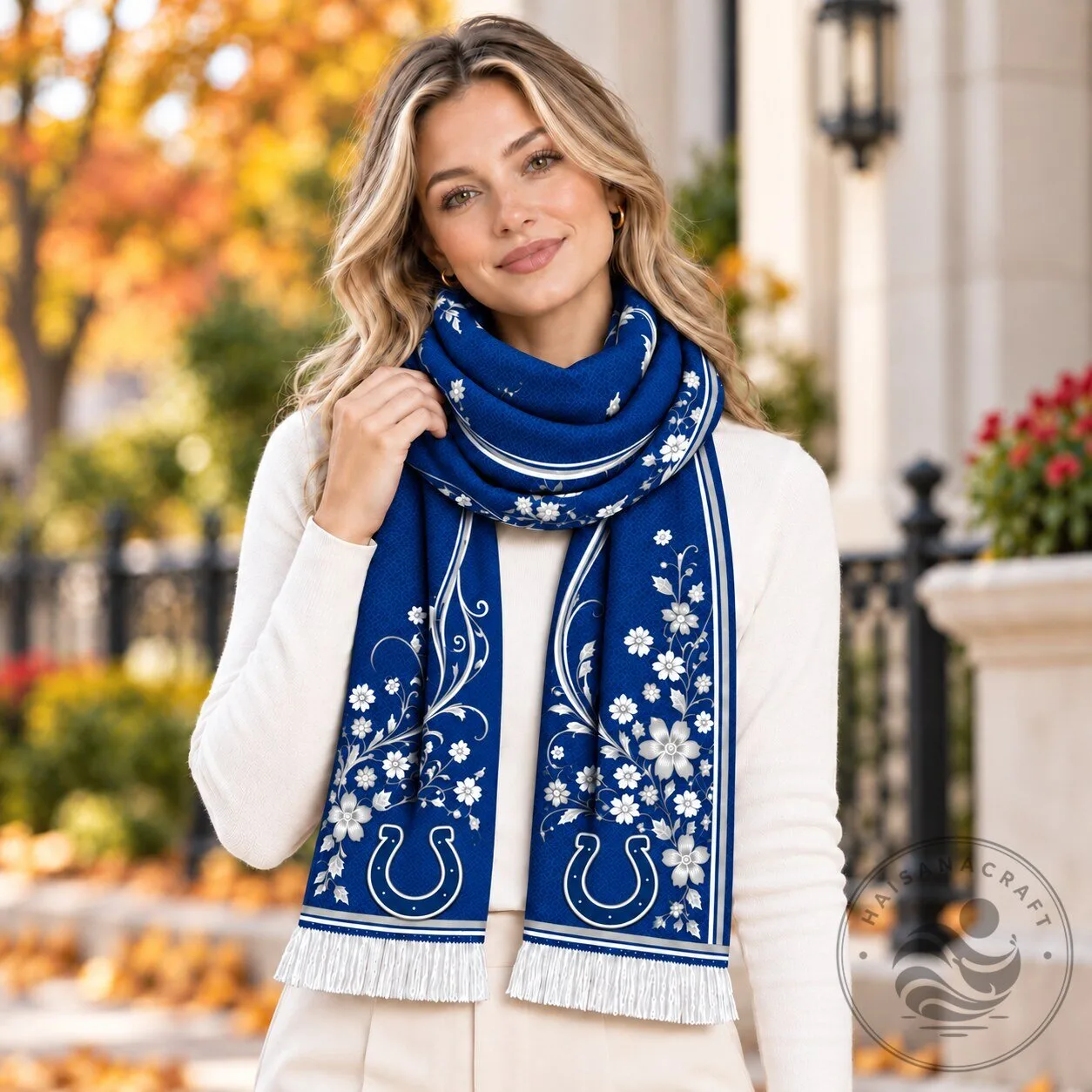 Indianapolis Colts Floral Pattern White Fringe Scarf
