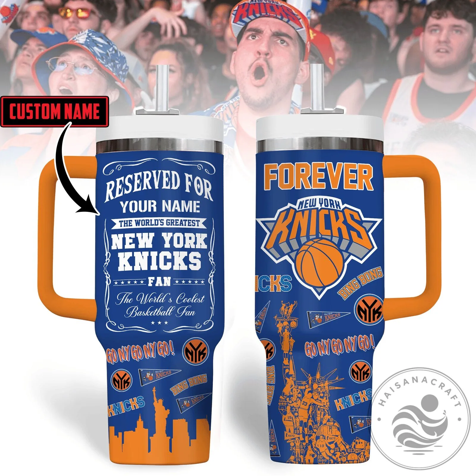 New York Knicks Basketball Fan Custom Name 40oz Tumbler With Handle