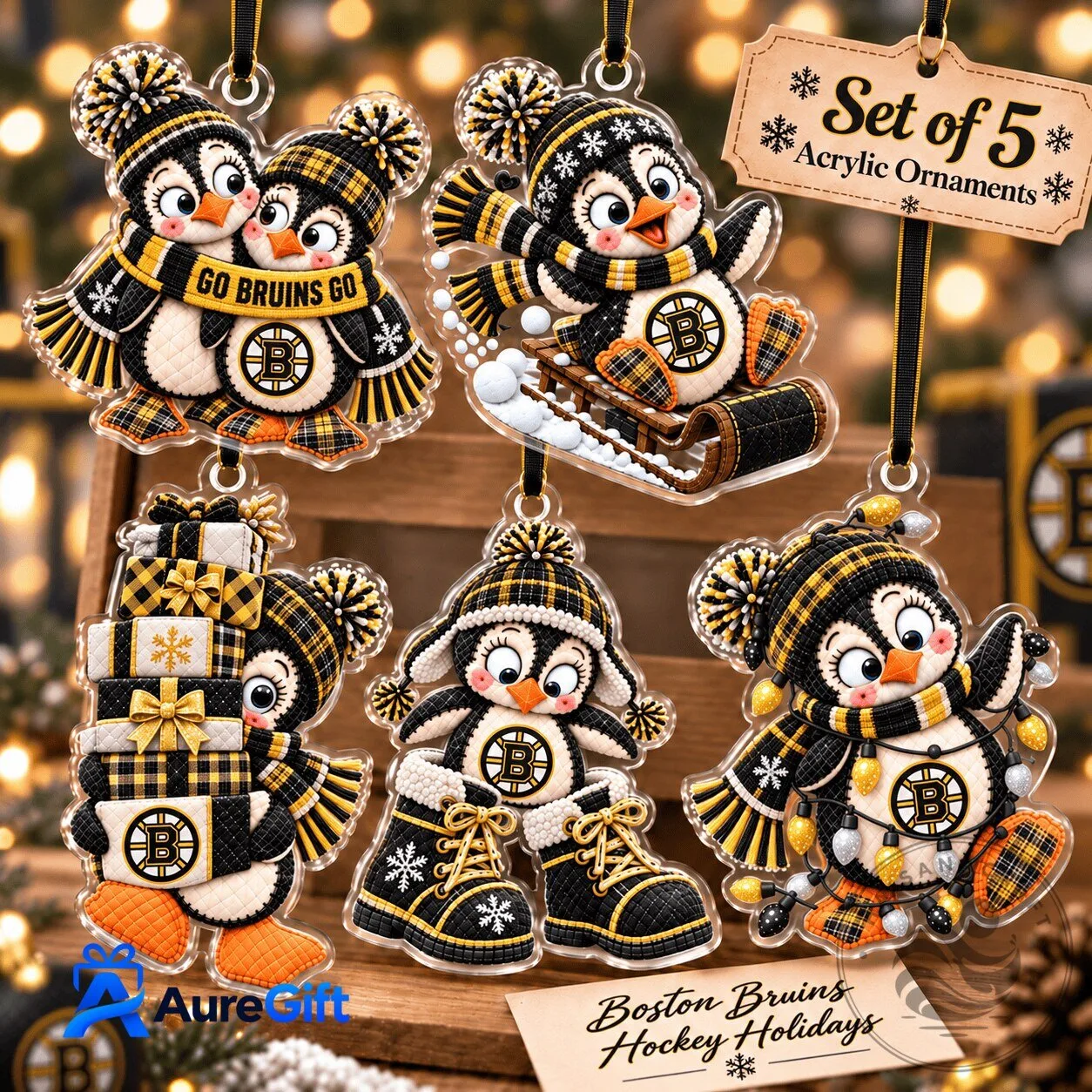 Boston Bruins National Hockey League Penguin Christmas Tree Acrylic Ornaments Set of 5
