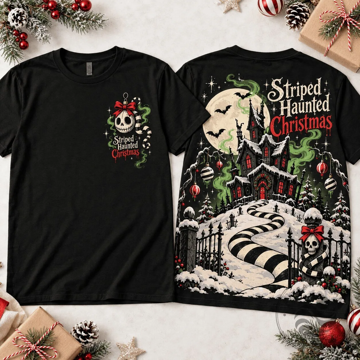 Striped Haunted Christmas Jack Skellington Halloween Holiday T-Shirt