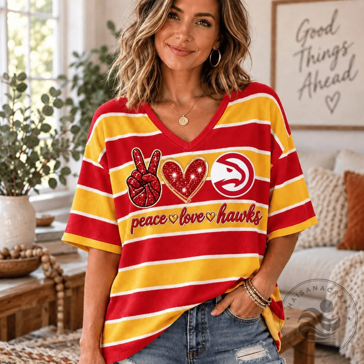 Atlanta Hawks Peace Love Hawks Red Yellow Striped V-Neck T-Shirt for Women 1 Atlanta Hawks Peace Love Hawks Red Yellow Striped V-Neck T-Shirt for Women