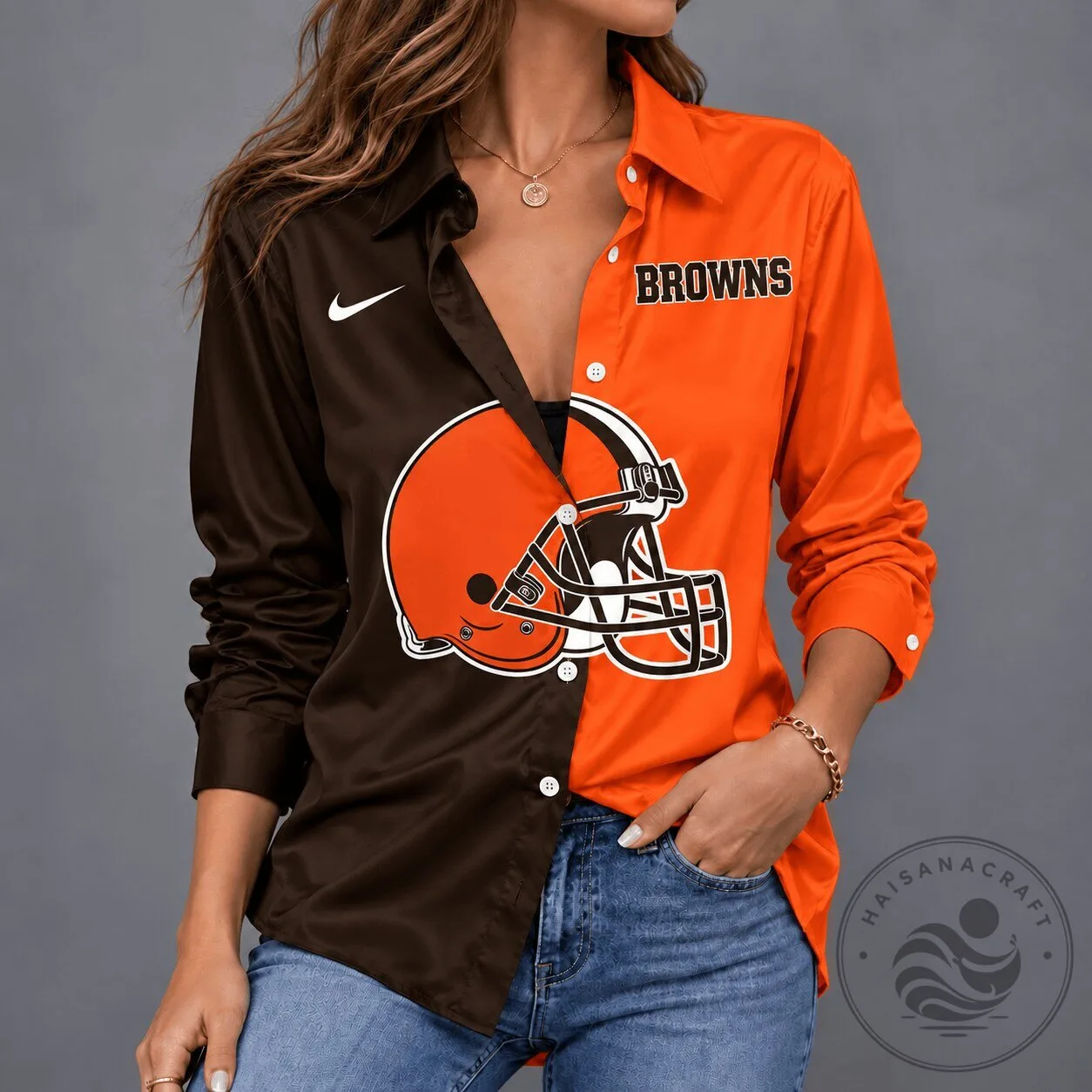 Cleveland Browns NFL Team Spirit Satin Button Down Shirt for Women