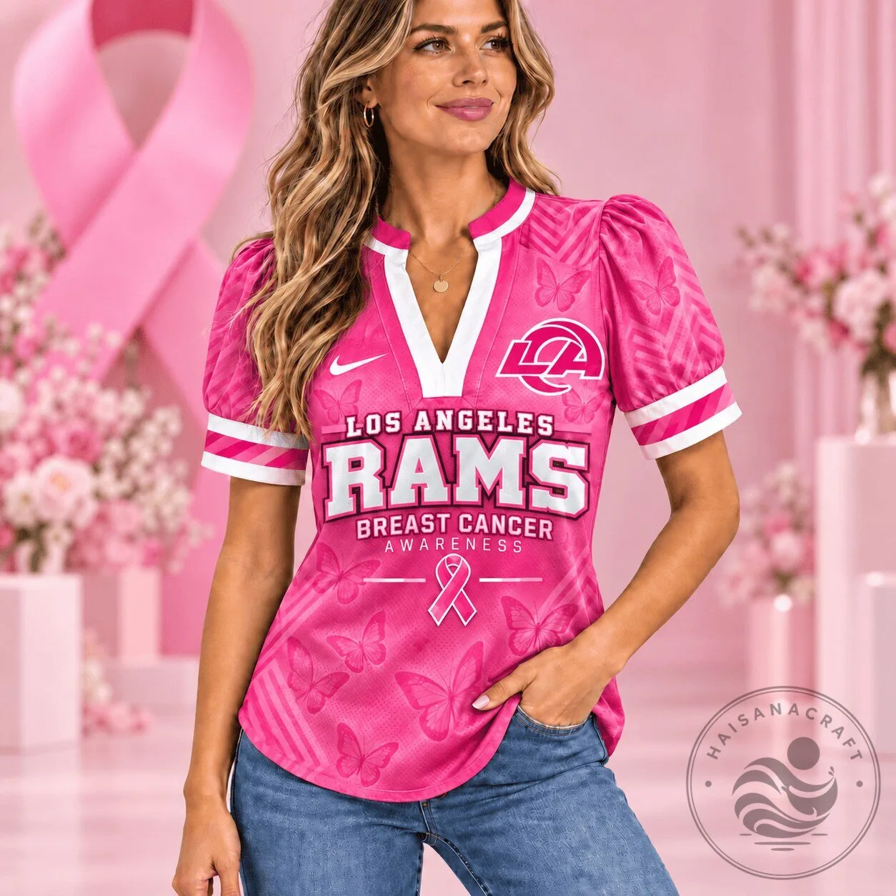 Los Angeles Rams Breast Cancer Awareness Pink V-Neck Puff Sleeve T-Shirt